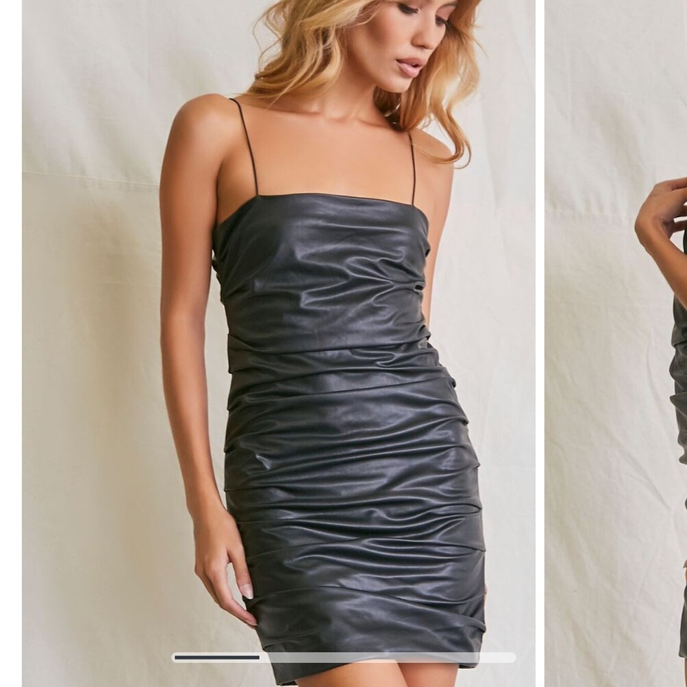 Ruched Faux Leather Mini Dress